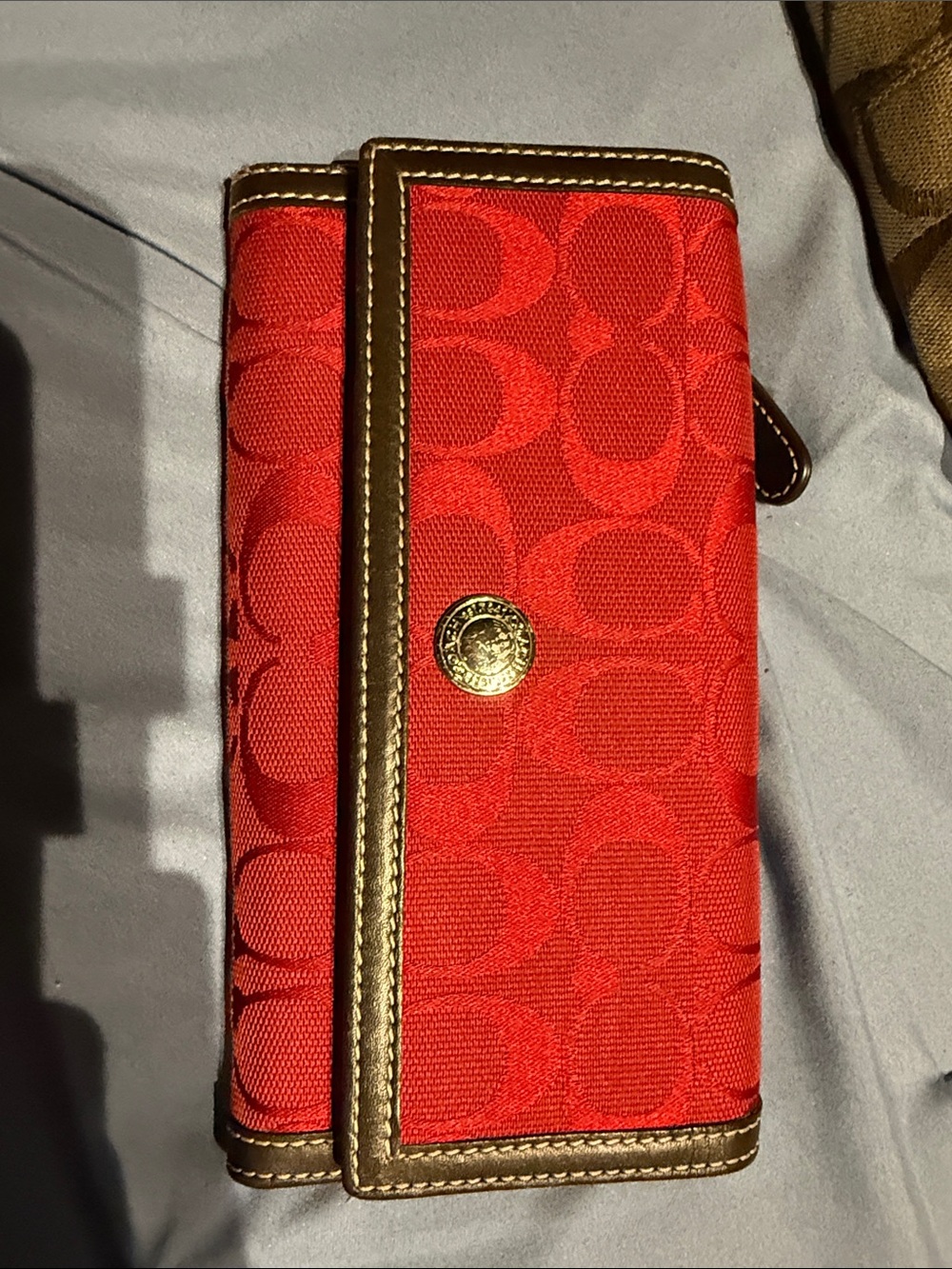 Coach Red Signature Trifold Wallet with Brown Trim